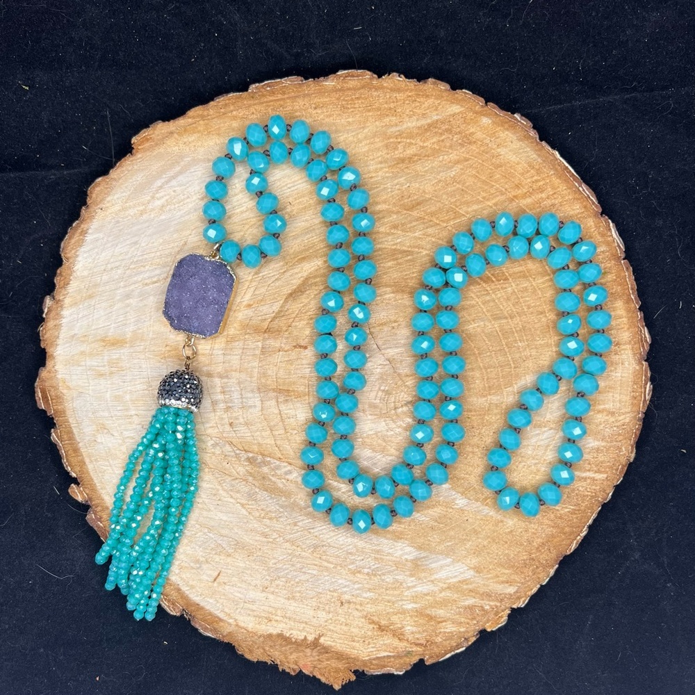 Beaded Iridescent Teal Geode Mala Necklace